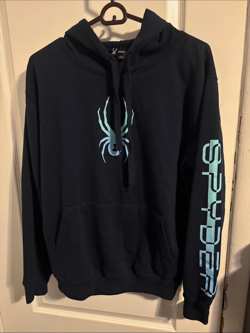 Spyder Black Hoodie with Teal Spider Chest and Sleeve Logo